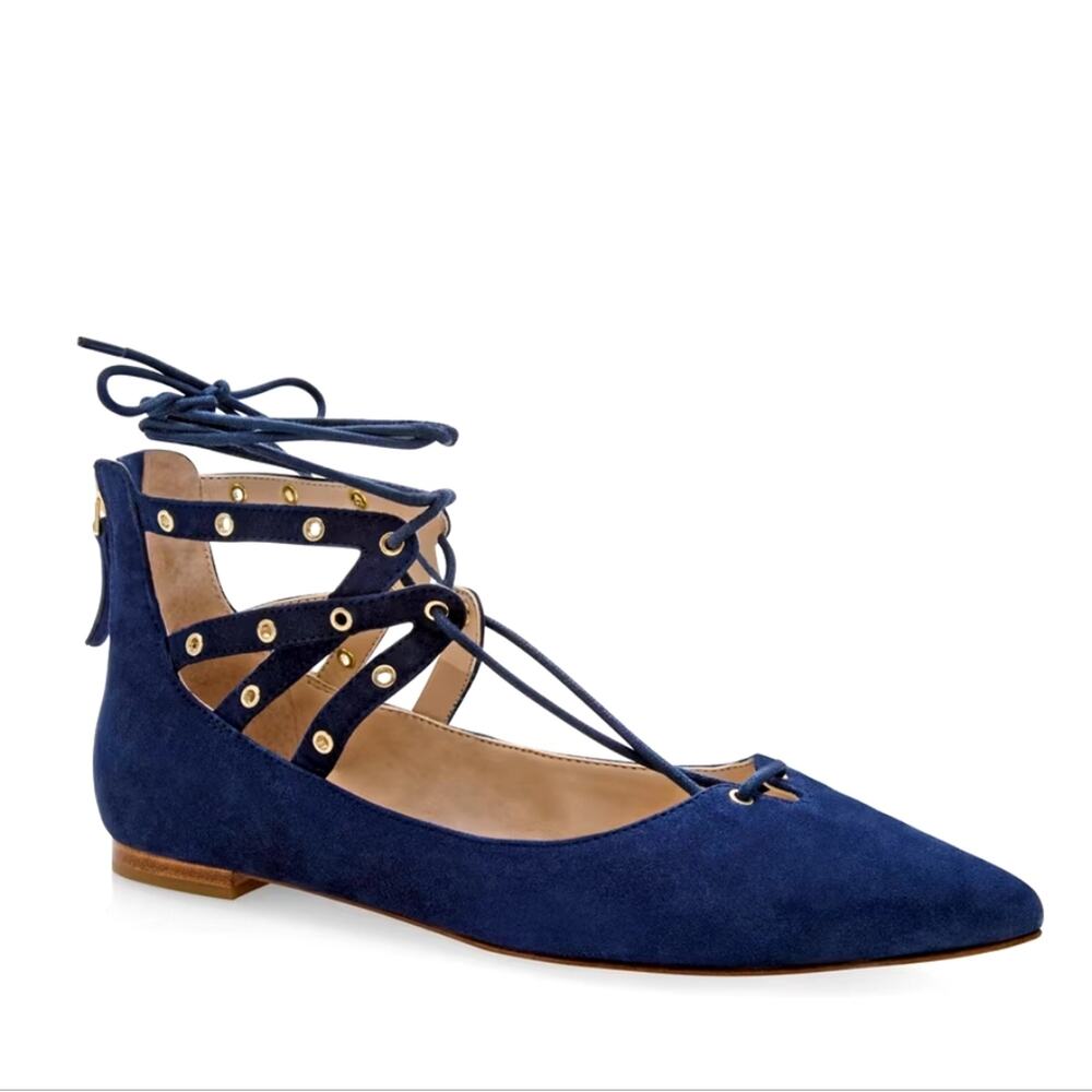 White house Black Market‎ blue suede Lace-Up Grommet Flats gladiator size 8